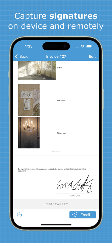 Pantalla de smartphone mostrando la interfaz de la app Probuild para capturar una firma digital en una factura profesional de contratista que incluye fotos del proyecto.