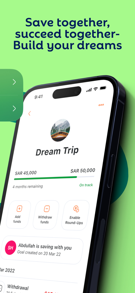 A smartphone displaying the iz banking app saving goals feature for a dream trip with a progress bar and collaborative saving options