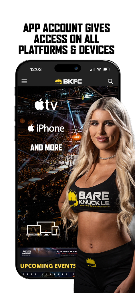 Bare Knuckle TV app interface showing availability on iPhone and Apple TV