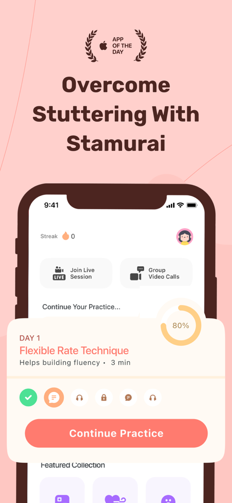 Stamurai: Stuttering Treatment - Mobile app interface for Stamurai showing a daily speech therapy plan with progress tracking and live session options