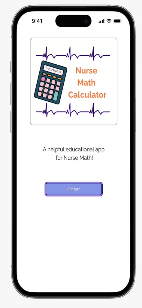 Nurse Math Calculator - Página de inicio de la aplicación Calculadora de Matemáticas para Enfermería con un logotipo temático médico y un botón de entrada