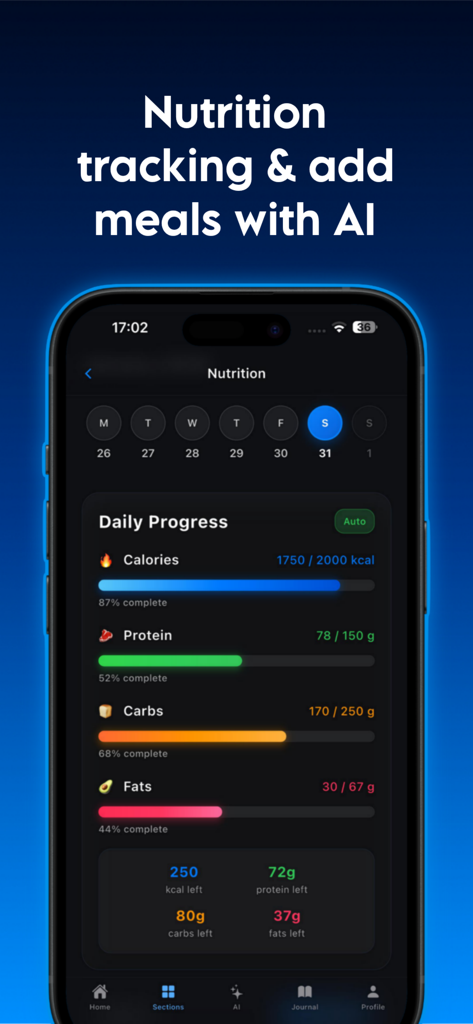 GlowUp Daily: Improve Yourself - Pantalla de la aplicación GlowUp Daily mostrando el seguimiento nutricional de calorías y macros, incluyendo proteínas, carbohidratos y grasas con barras de progreso diarias