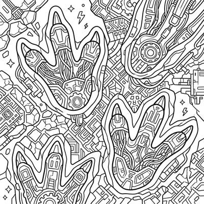 Journey to a thrilling future past with our unique Cyberpunk T-Rex Trackways coloring page. Immerse yourself in a world where ancient fossils meet high-tech neon aesthetics for an unforgettable creative experience.