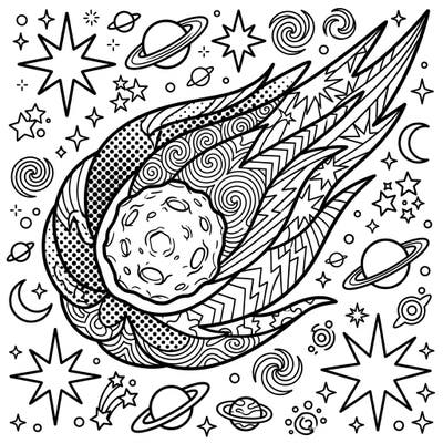 Journey to the cosmos with this dynamic Pop Art comet coloring page, showcasing a celestial body with a beautifully detailed coma. Its bold outlines and exciting patterns make for an engaging artistic experience.