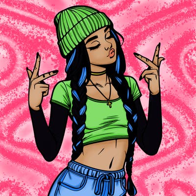 realistic teenage girl with braids and a beanie and crop top doing 🫶🏼