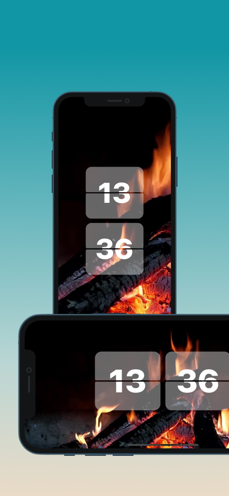 Heal Clock - Heal Clock app showing a minimalist flip clock over a burning fireplace scene on two phones