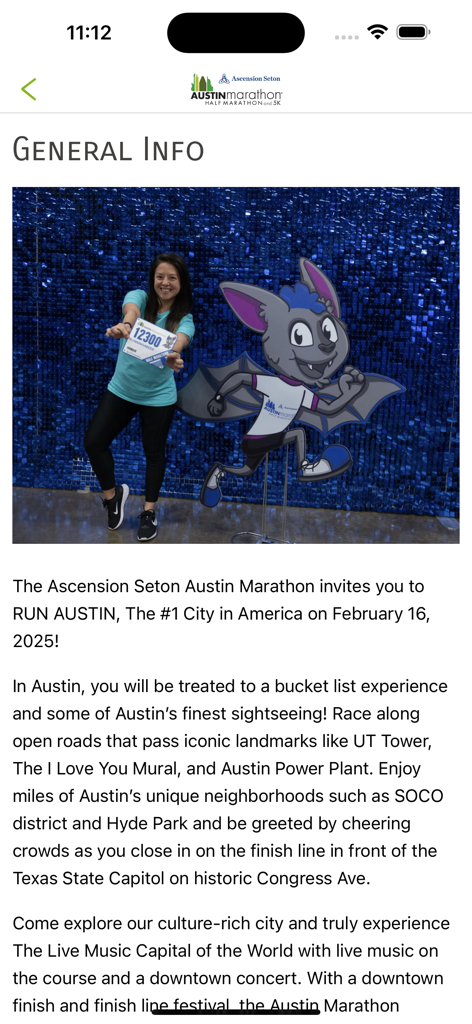 Austin Marathon® - Austin Marathon app general info section with a runner posing with the bat mascot
