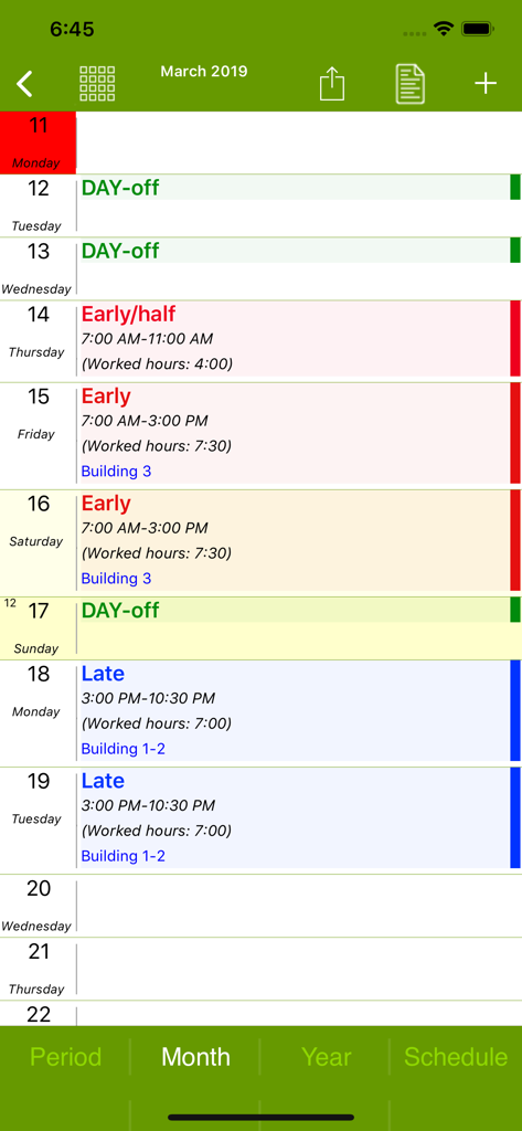 FlexR (Shift planner) - FlexR App-Oberfläche, die einen monatlichen Arbeitsplan mit Früh- und Spätschichten anzeigt