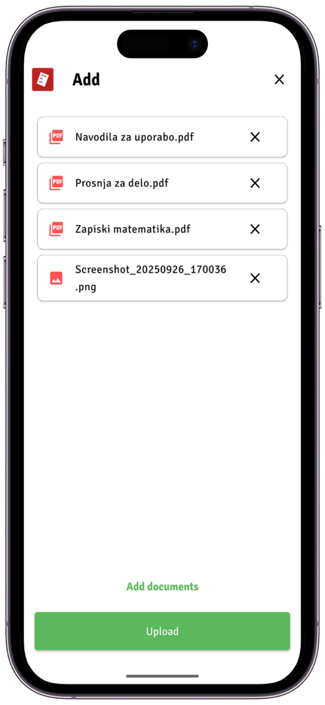 Printbox - Document printing - Printbox 앱에서 인쇄를 위해 업로드된 PDF 및 이미지 파일 목록을 보여주는 모바일 인터페이스
