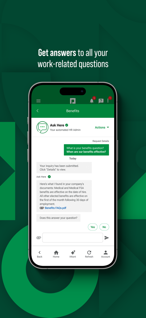 Paycom - Paycom mobile app showing an automated HR assistant chat interface for employee benefits questions.