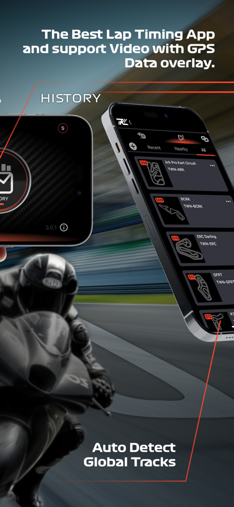 QRacing - Interfaz de la aplicación QRacing que muestra una lista de circuitos de carreras globales detectados en un smartphone