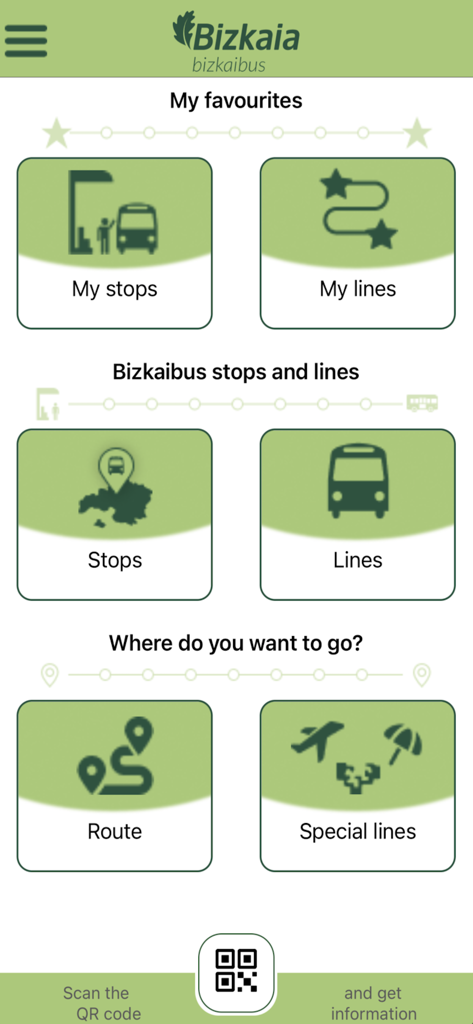 Bizkaibus - Bizkaibus app home screen displaying navigation options for favorite stops bus lines and route planning