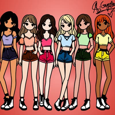 a group of girls wearing crop tops and shorts