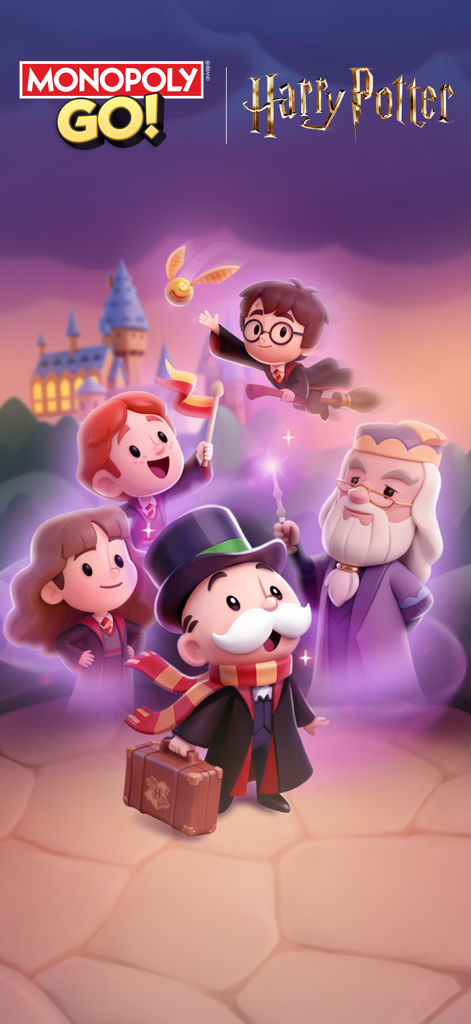 ホグワーツの前で、魔法使いの衣装を着たミスター・モノポリーと、ハリー・ポッター、ハーマイオニー、ロン、ダンブルドアのキャラクター。