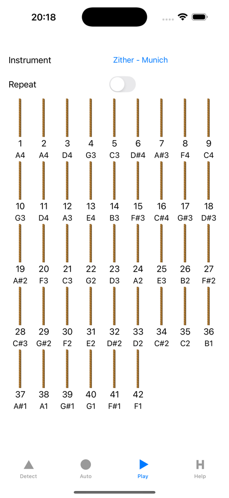 Zither Tuner - Captura de pantalla de la aplicación Afinador de Cítara que muestra la disposición de 42 cuerdas y las notas musicales para una Cítara de Múnich