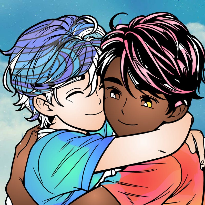 two realistic boys hugging