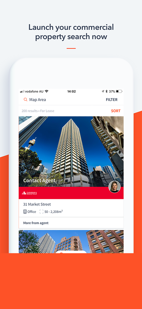 Mobile app screen displaying a commercial property listing for office space for lease