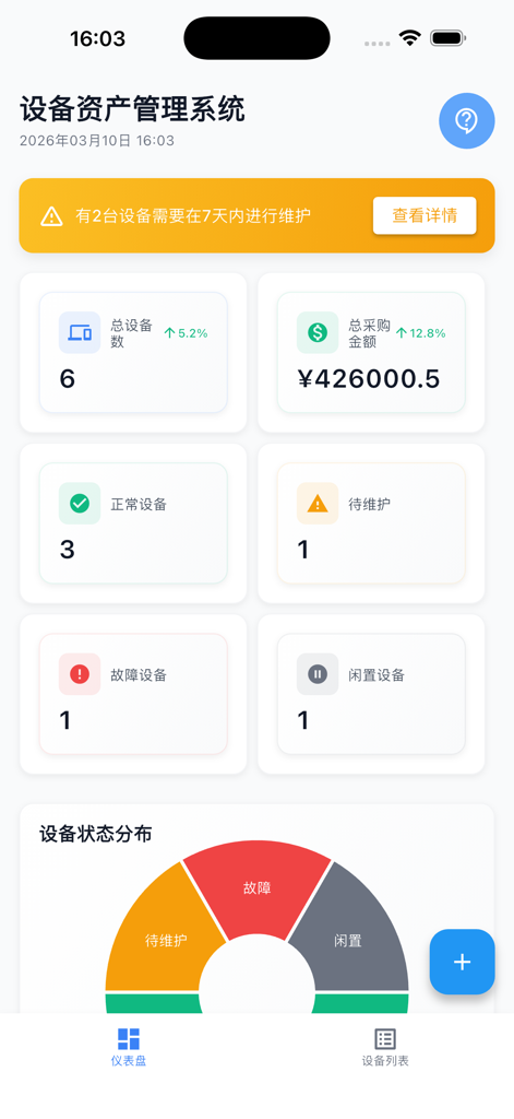 智械云管 - Mobile dashboard view of the equipment asset management system showing maintenance alerts and device status statistics