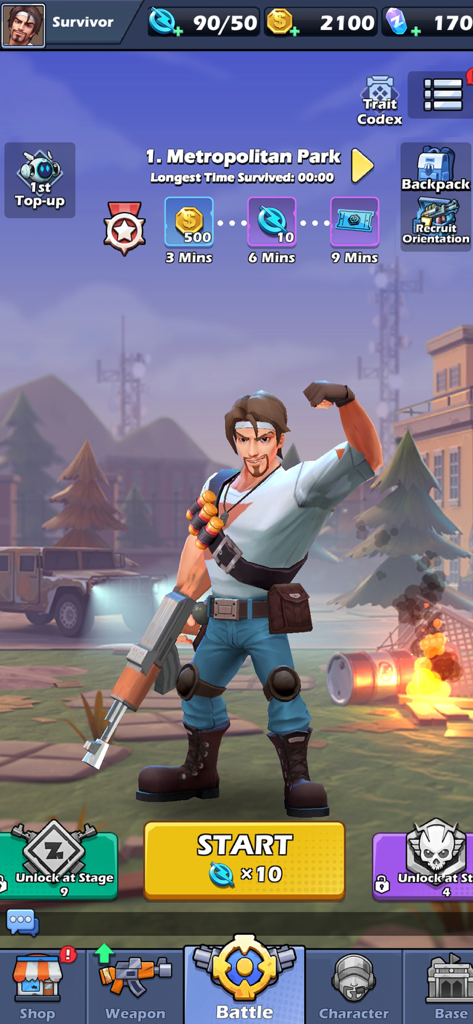 Zombie Waves-shooting game - Hauptmenü des Zombie Waves-Spiels, das einen männlichen Überlebenden mit einem Gewehr zeigt, der in einem postapokalyptischen Park posiert.