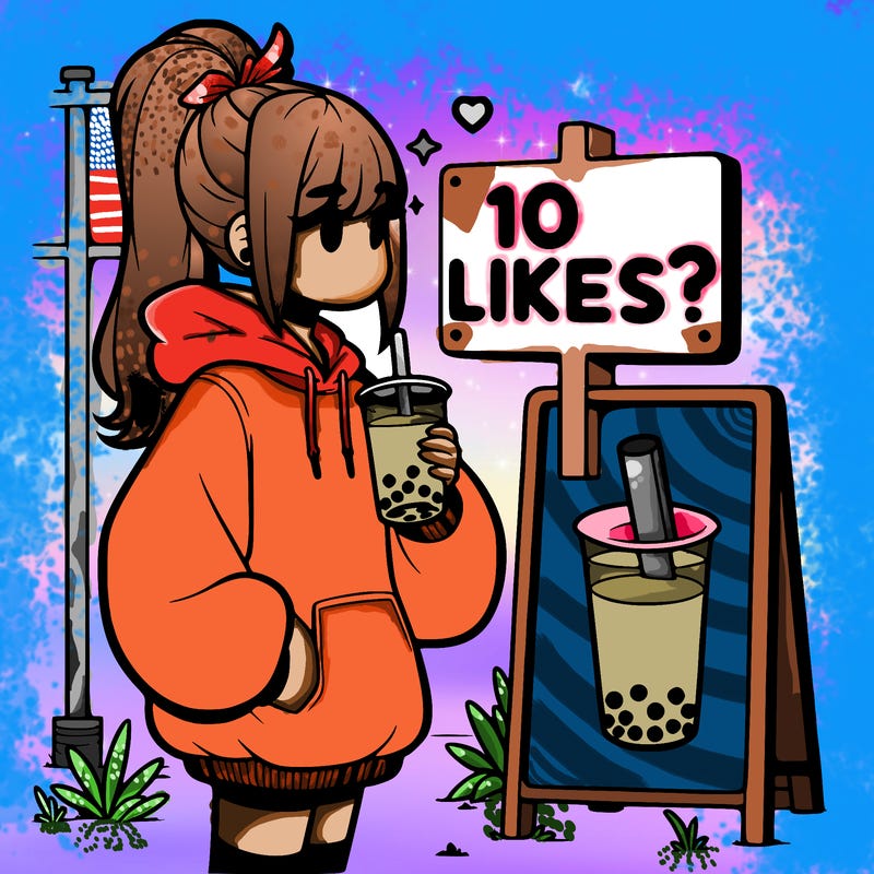 girl with oversized hoodie drinking boba and she has a high ponytail with a sign that says 10likes?
