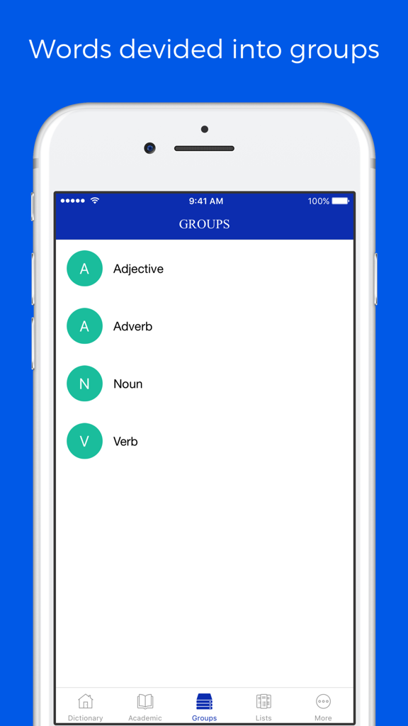 Captura de tela do aplicativo Dicionário de Famílias de Palavras exibindo o vocabulário categorizado por classes gramaticais, incluindo adjetivos, advérbios, substantivos e verbos