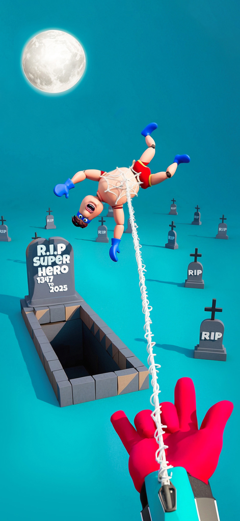 Una mano enguantada roja disparando una red para capturar un muñeco de superhéroe de trapo sobre una tumba abierta en un cementerio