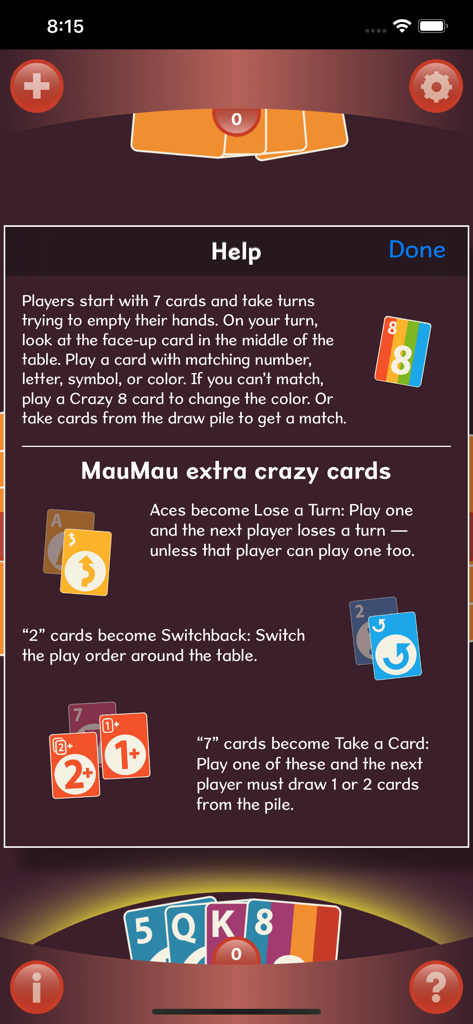 Crazy 8s+ - Schermata di aiuto di Crazy 8s plus che spiega le regole del gioco e le varianti del Mau Mau