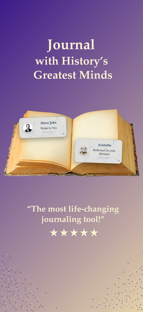 Life Note: Journal With Greats - Graphic of an open antique book showing digital messages from Steve Jobs and Aristotle within the Life Note journaling app