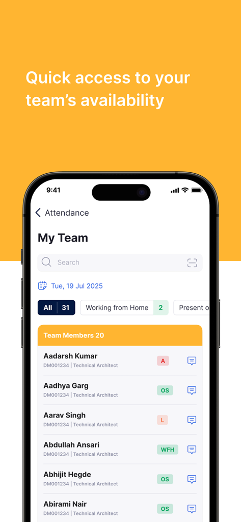 PeopleStrong - Mobile interface of the PeopleStrong app showing team member attendance and real-time availability status