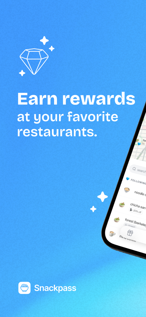 Écran promotionnel de l'application Snackpass avec le texte Gagnez des récompenses dans vos restaurants préférés et une icône de diamant