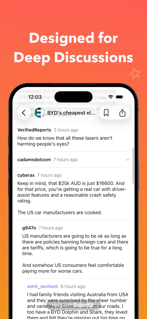 Hackers for Hacker News - Interface de l'application Hackers montrant une discussion de commentaires en fil de discussion sur un écran mobile