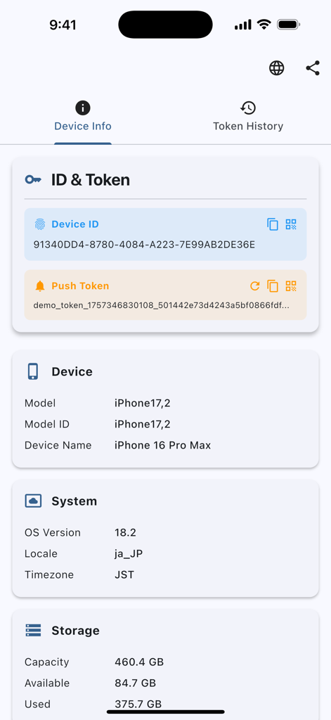 Identifier & APNs Push Token - Captura de pantalla de la aplicación Identificador y Token Push APNs que muestra el ID del dispositivo, el token push, los detalles del modelo y la información de almacenamiento del sistema.