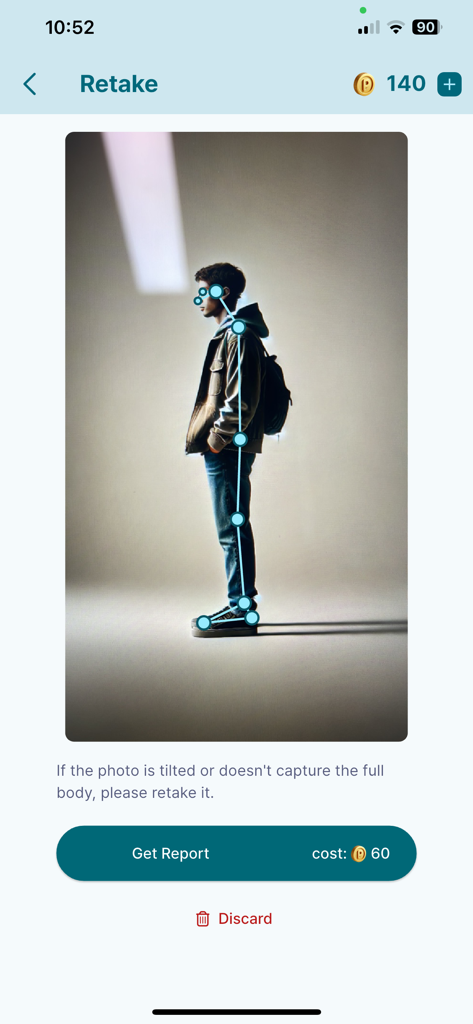 PosePro: Postural assessment - AI posture analysis screen showing a side profile photo with a digital skeleton mapping for assessment.