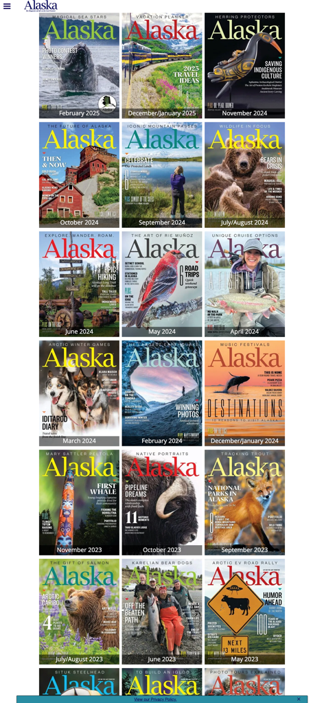 Alaska Magazine - Una cuadrícula de portadas de Alaska Magazine que muestran la vida silvestre y los paisajes de Alaska de varios números mensuales