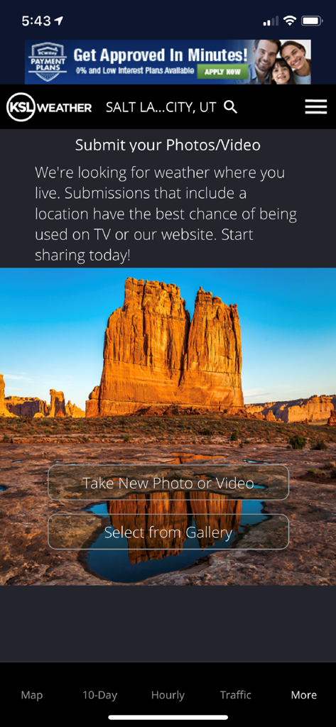The photo and video submission screen in the KSL Weather app featuring Utah landscape