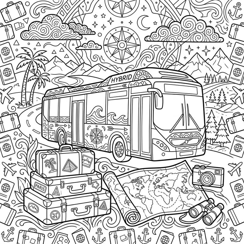Get ready for an eco-friendly adventure with this detailed coloring page featuring a modern Hybrid Bus on a scenic vacation journey. Packed with travel essentials and exciting destinations, it’s a perfect escape for coloring enthusiasts.