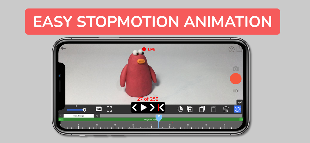 Stopmotion Animation Pro - Interface of the Stopmotion Animation Pro app showing a clay character being edited on an iPhone screen.