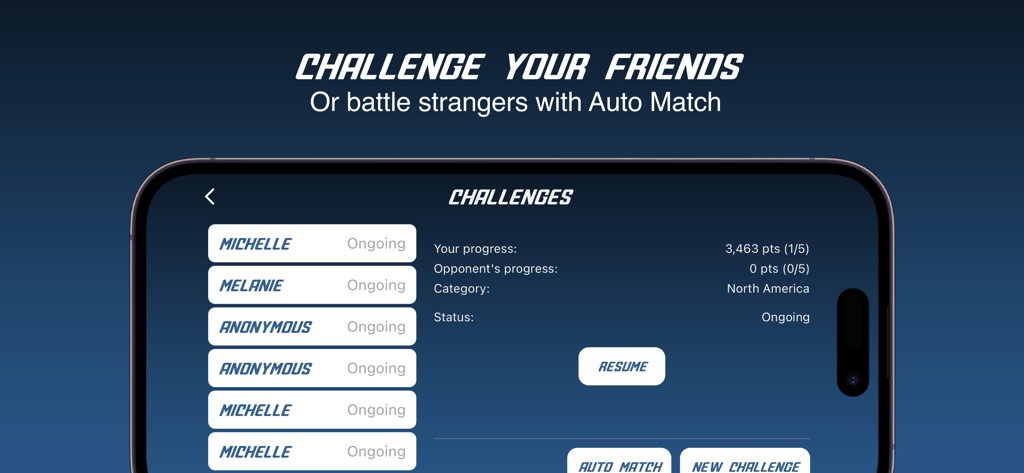 Guess the Spot - GeoGuess Game - Pantalla de desafío multijugador de la aplicación Adivina el Lugar para competir con amigos y seguir el progreso del juego.