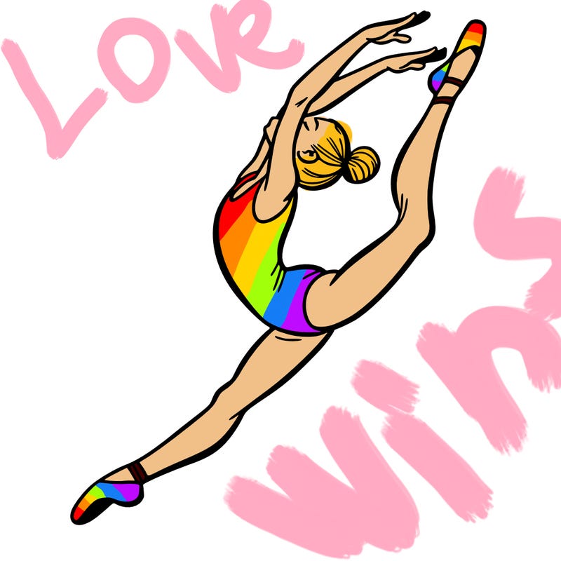 gymnast doing a leap in a leotard with a bent back leg