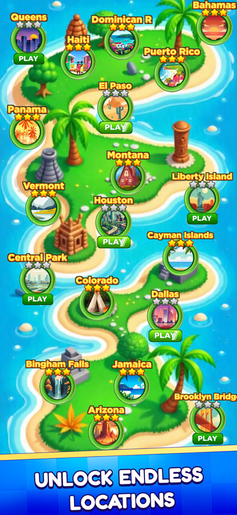 Bingo Madness Live Bingo Games - A colorful tropical island game map displaying various unlockable bingo locations like Bahamas and Central Park.