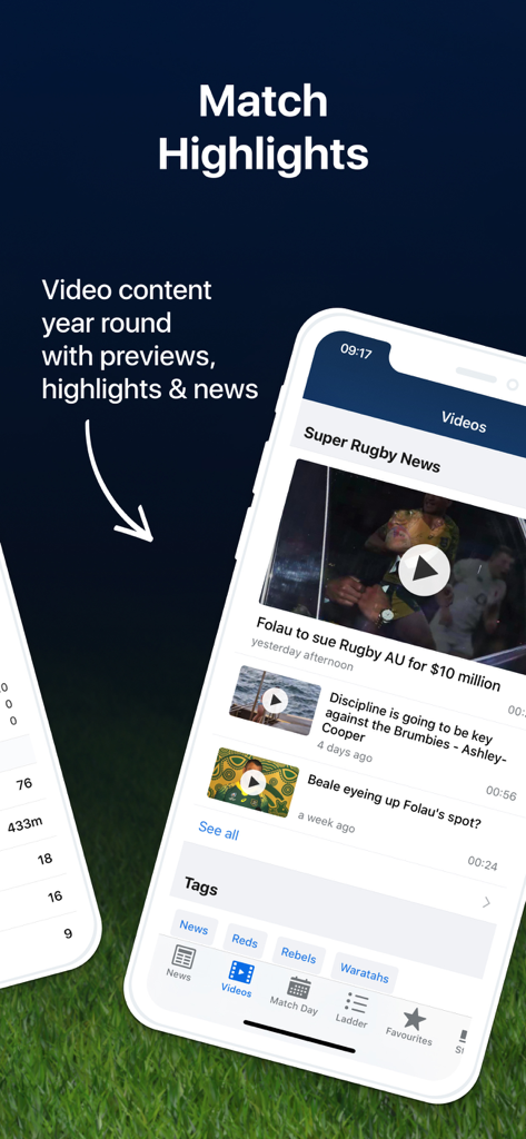 Interfaccia dell'app Union Live che mostra highlights di rugby e video di notizie
