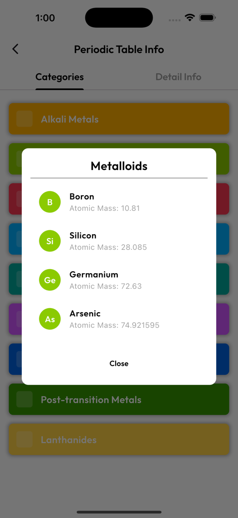 Perodic Table - Un écran d'application mobile montrant une liste détaillée d'éléments métalloïdes, y compris le Bore et le Silicium, avec leurs masses atomiques.