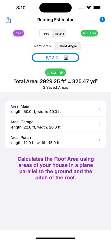 屋根面積計算アプリのインターフェース。水平寸法と勾配を使用して、複数の屋根セクションの総面積計算が表示されています。