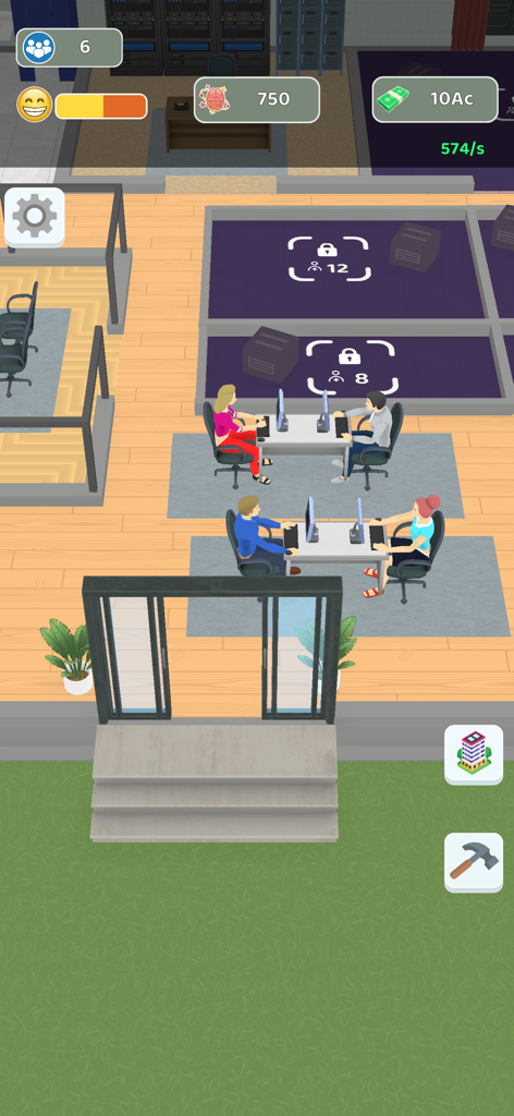 The Office Life 3D - Vista 3D cenital de una simulación de oficina que muestra a empleados trabajando en escritorios y la interfaz de gestión en el juego The Office Life 3D