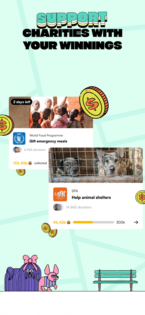 Macadam 앱 화면, 다양한 자선 단체에 걷기 보상 기부 옵션 표시