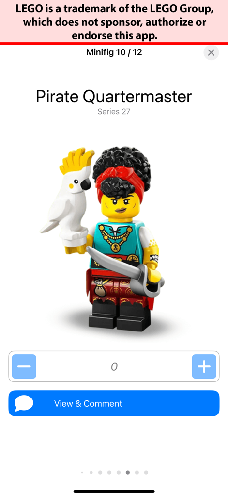 Minifig Scan - Minifig Scan app screen displaying the Pirate Quartermaster LEGO minifigure from Series 27.