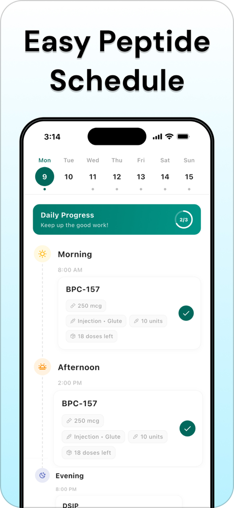 Mobile app interface showing a daily schedule for peptide injections including dosage and progress tracking.
