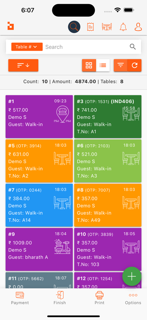 Digitory DigiPoS - Dashboard-Ansicht der Digitory DigiPoS App mit aktiven Restaurant-Tischbestellungen und Rechnungsdetails.