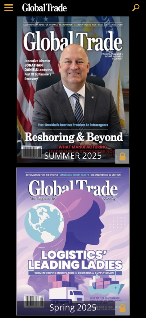 Global Trade Magazine - Digital magazine covers in the Global Trade app for Summer and Spring 2025 editions featuring logistics and reshoring topics.