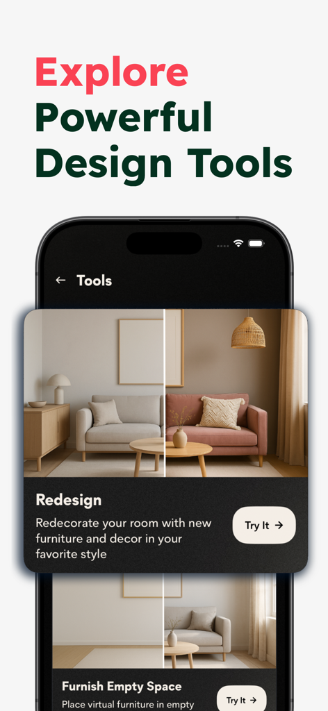 Restyle AI - Home Design - Restyle AI app interface showing a room redesign tool with a before and after interior design comparison